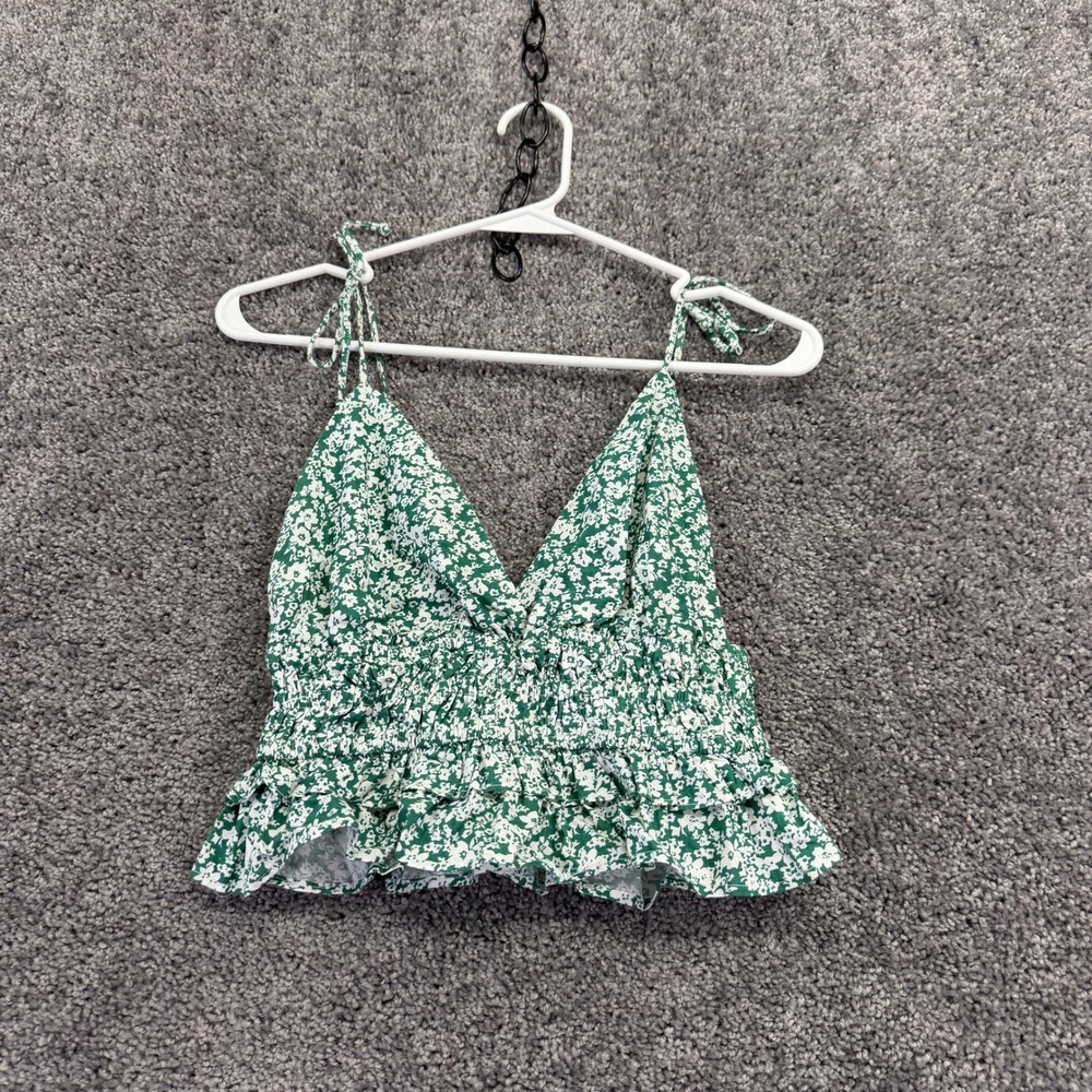Sim & Sam Camisole Womens Small Green Floral Smocked Peplum Tie Strap Cotton Top